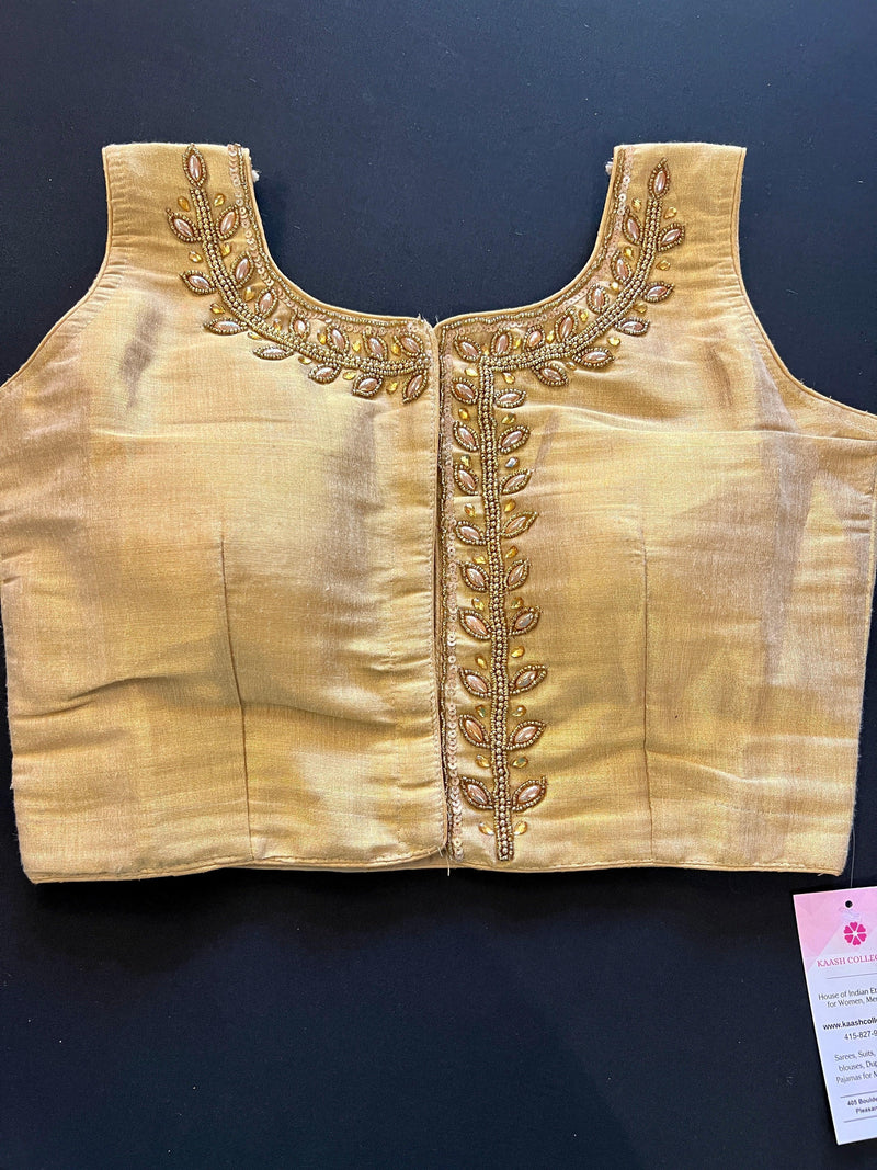 Light Gold Color Tissue Silk Readymade Blouse | Sleeveless Blouse | Read to Wear Blouses | Blouses for Sarees | Handwork Blouse with beads - Kaash
