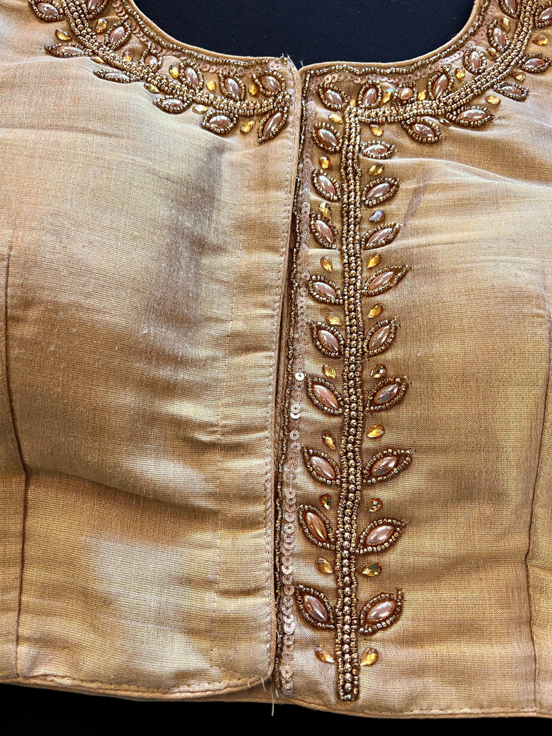 Light Gold Color Tissue Silk Readymade Blouse | Sleeveless Blouse | Read to Wear Blouses | Blouses for Sarees | Handwork Blouse with beads - Kaash