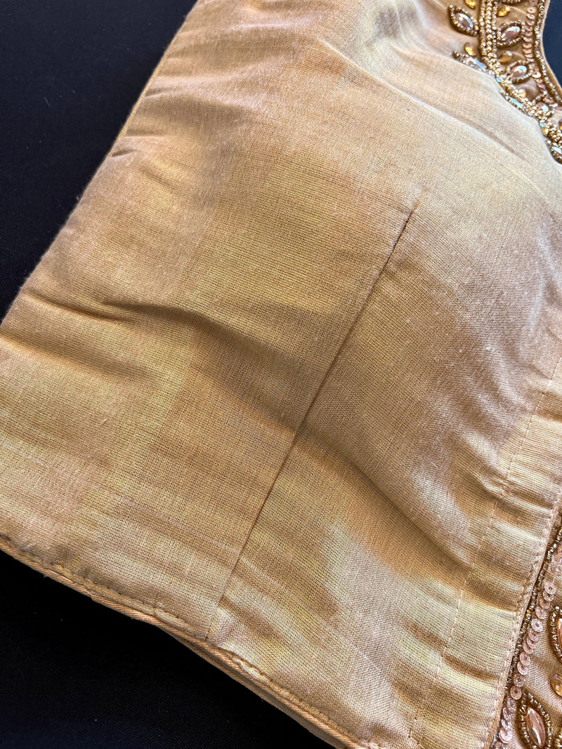 Light Gold Color Tissue Silk Readymade Blouse | Sleeveless Blouse | Read to Wear Blouses | Blouses for Sarees | Handwork Blouse with beads - Kaash