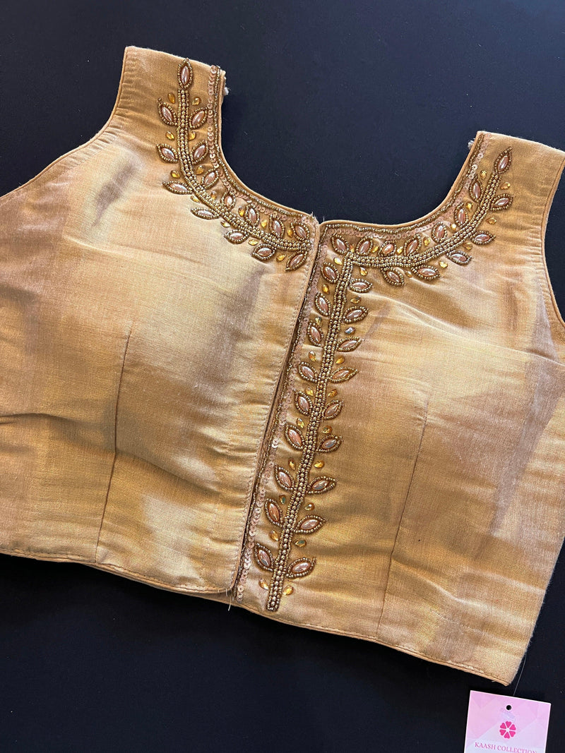 Light Gold Color Tissue Silk Readymade Blouse | Sleeveless Blouse | Read to Wear Blouses | Blouses for Sarees | Handwork Blouse with beads - Kaash