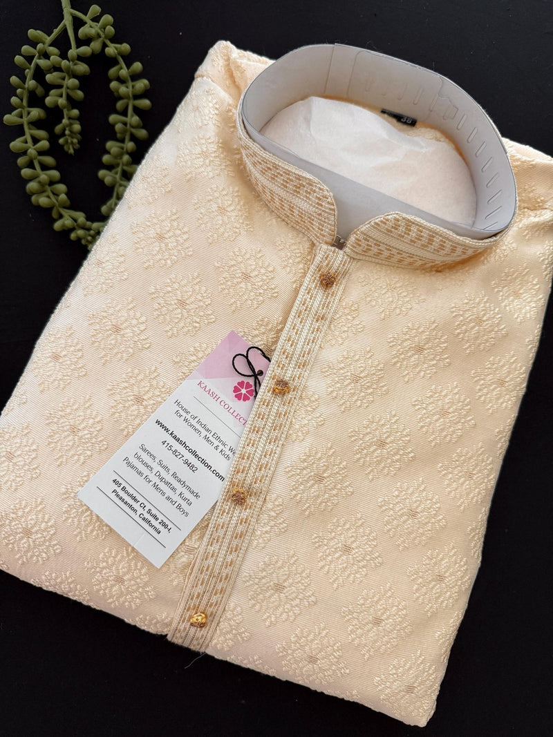 Light Gold (with Gold Bottom) men's kurta pajama in silk (non-pure) with embossed design with zari buttis — Kaash Collection