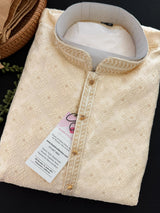 Light Gold (with Gold Bottom) men's kurta pajama in silk (non-pure) with embossed design with zari buttis — Kaash Collection