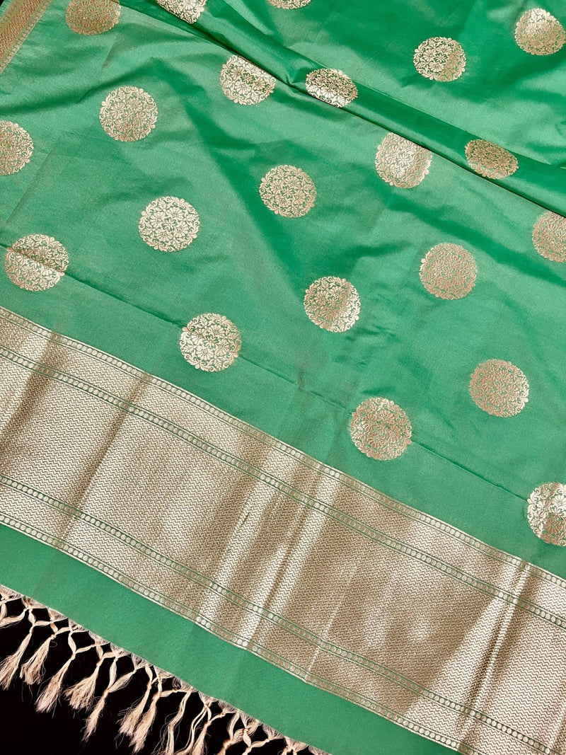 Light Green Soft Banarasi Chakra dupatta in banarasi soft silk with chakra design with floral borders — Kaash Collection