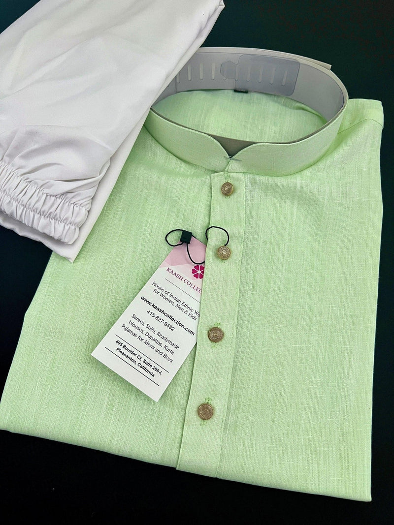 Light Green men's kurta pajama in pure linen cotton with premium linen cotton with fancy buttons — Kaash Collection