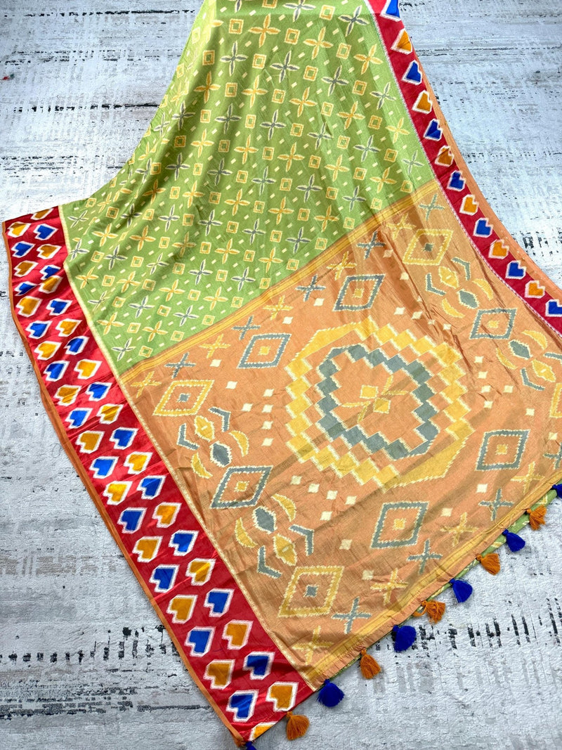 Light Green Soft Silk Saree with Unique printed designs - Kaash