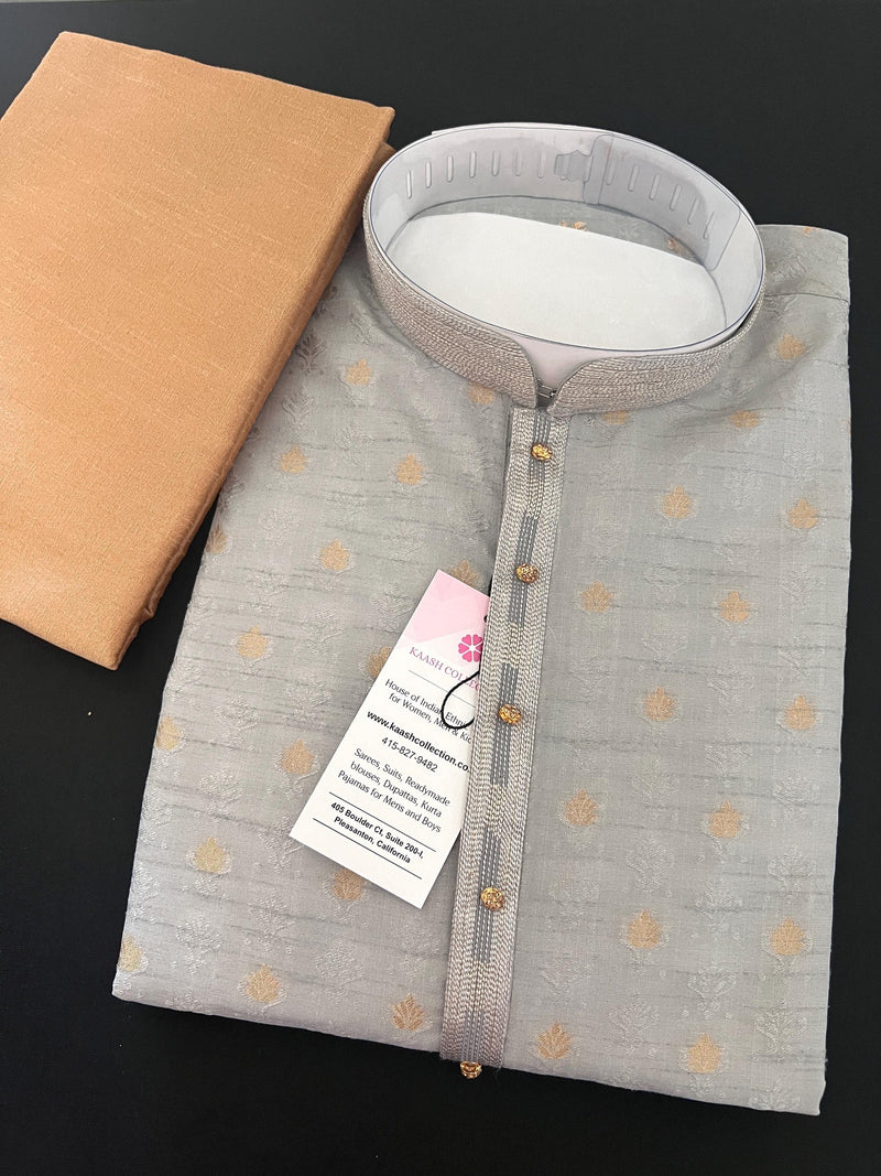 Light Grey Raw Silk Men Kurta Pajama in Self Design Embroidery and Gold Zari Buti | Indian Wedding Kurta for Men | Grey Color Kurta for Men - Kaash