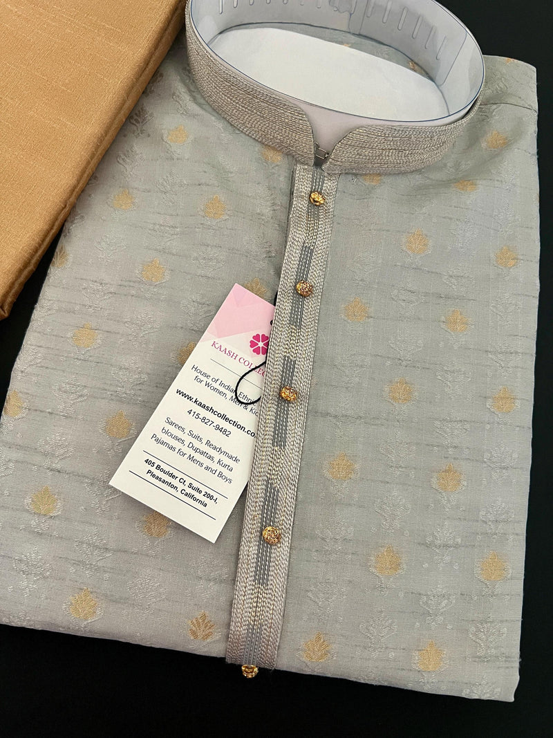 Light Grey Raw Silk Men Kurta Pajama in Self Design Embroidery and Gold Zari Buti | Indian Wedding Kurta for Men | Grey Color Kurta for Men - Kaash