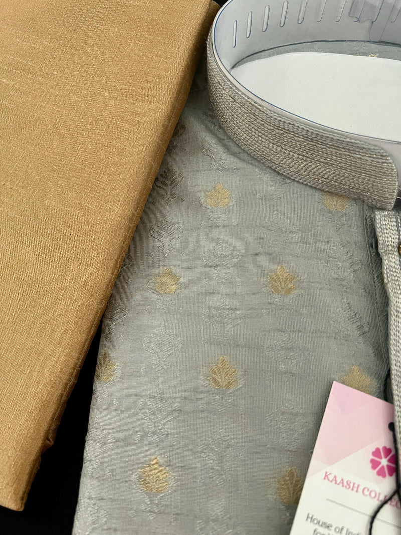 Light Grey Raw Silk Men Kurta Pajama in Self Design Embroidery and Gold Zari Buti | Indian Wedding Kurta for Men | Grey Color Kurta for Men - Kaash