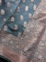 Light Grey with Copper Banarasi saree in banarasi semi silk with copper & silver zari floral pattern — Kaash Collection
