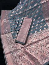 Light Grey with Copper Banarasi saree in banarasi semi silk with copper & silver zari floral pattern — Kaash Collection