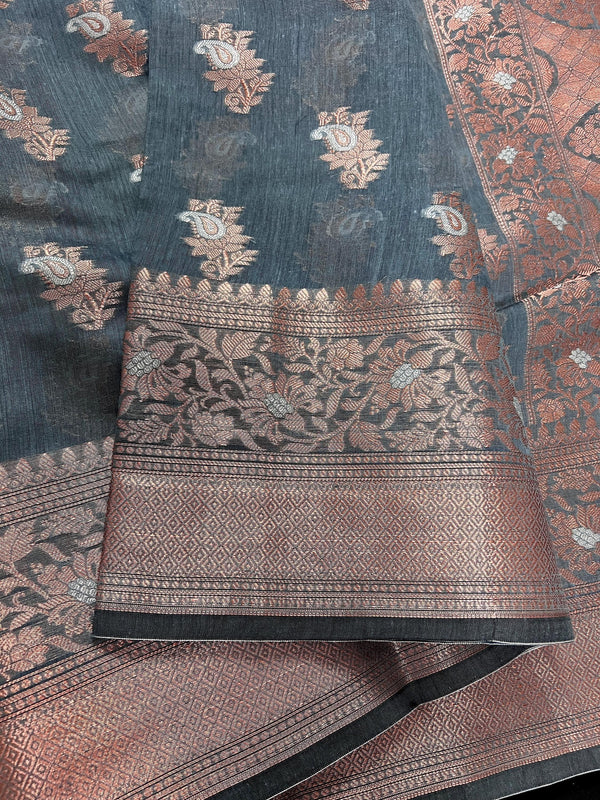 Light Grey Semi Banarasi Silk Saree with Copper Zari - Floral Pattern in Copper and Sliver Zari - Kaash
