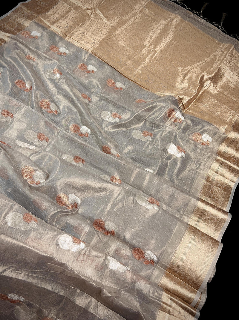 Light Grey with tint of Gold Linen Soft Tissue Silk Saree with Banarasi Borders and Pallu | Light Weight Saree | Kaash Collection - Kaash