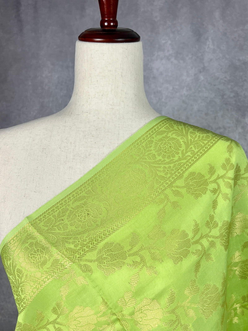 Light Lime Color Floral Jaal Muted Gold Zari Weaved Dupatta | Floral Silk Dupatta | Zari Work | Dupatta | Stole | Scarf | Dupattas for Gift - Kaash