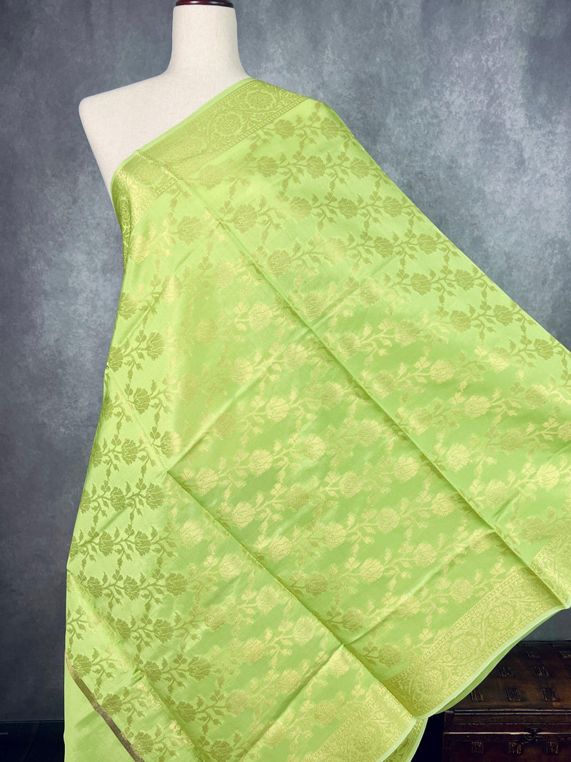 Light Lime Color Floral Jaal Muted Gold Zari Weaved Dupatta | Floral Silk Dupatta | Zari Work | Dupatta | Stole | Scarf | Dupattas for Gift - Kaash