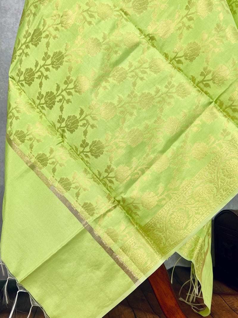 Light Lime Color Floral Jaal Muted Gold Zari Weaved Dupatta | Floral Silk Dupatta | Zari Work | Dupatta | Stole | Scarf | Dupattas for Gift - Kaash