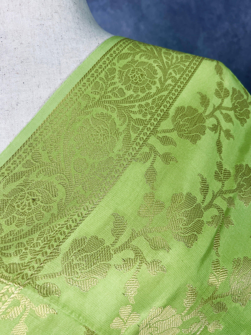 Light Lime Color Floral Jaal Muted Gold Zari Weaved Dupatta | Floral Silk Dupatta | Zari Work | Dupatta | Stole | Scarf | Dupattas for Gift - Kaash