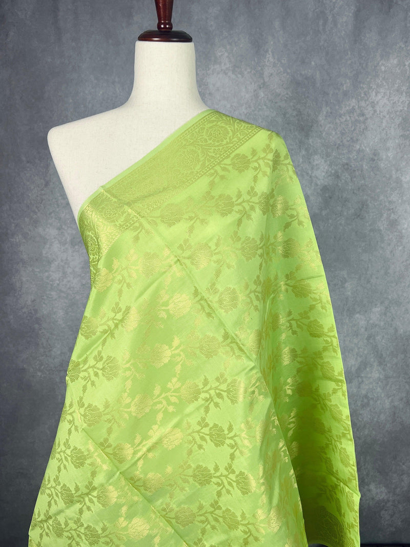 Light Lime Color Floral Jaal Muted Gold Zari Weaved Dupatta | Floral Silk Dupatta | Zari Work | Dupatta | Stole | Scarf | Dupattas for Gift - Kaash