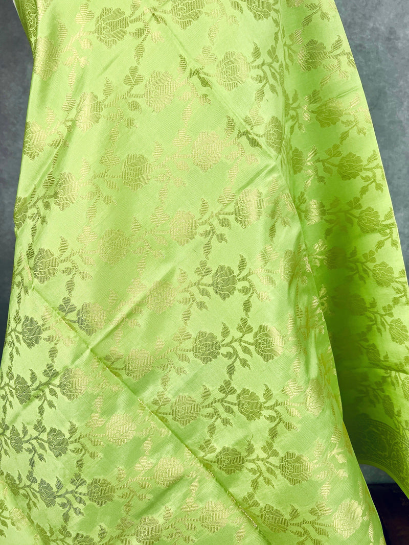 Light Lime Color Floral Jaal Muted Gold Zari Weaved Dupatta | Floral Silk Dupatta | Zari Work | Dupatta | Stole | Scarf | Dupattas for Gift - Kaash