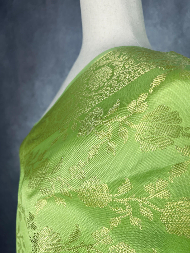 Light Lime Color Floral Jaal Muted Gold Zari Weaved Dupatta | Floral Silk Dupatta | Zari Work | Dupatta | Stole | Scarf | Dupattas for Gift - Kaash