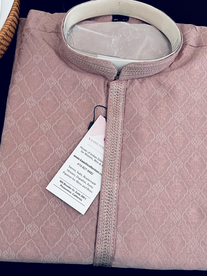 Light Mauve Pink men's kurta pajama in soft raw silk with self-embroidered design with cotton lining — Kaash Collection