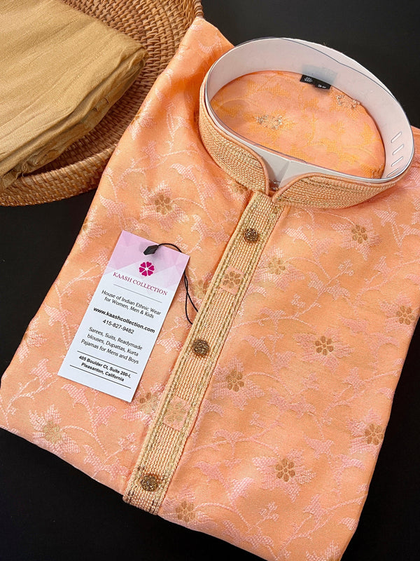 Light Peach Men Kurta Pajama in Floral Self Design material with small Zari Weave Flower | Mens Ethnic Wear - Kaash