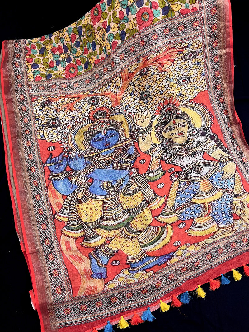 Light Peach Pure Linen by Linen with Zari Border - Radha-Krishna Images on the Pallu - Linen Saree - Digital Printed Linen Sarees - Kaash