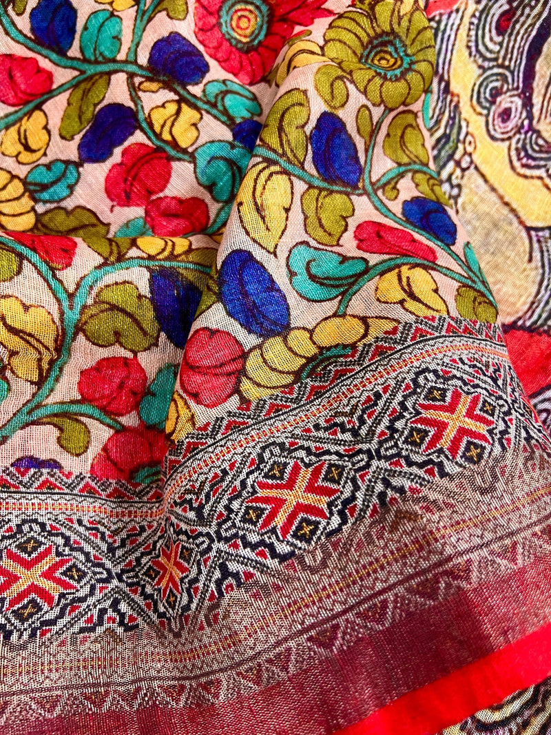 Light Peach Pure Linen by Linen with Zari Border - Radha-Krishna Images on the Pallu - Linen Saree - Digital Printed Linen Sarees - Kaash