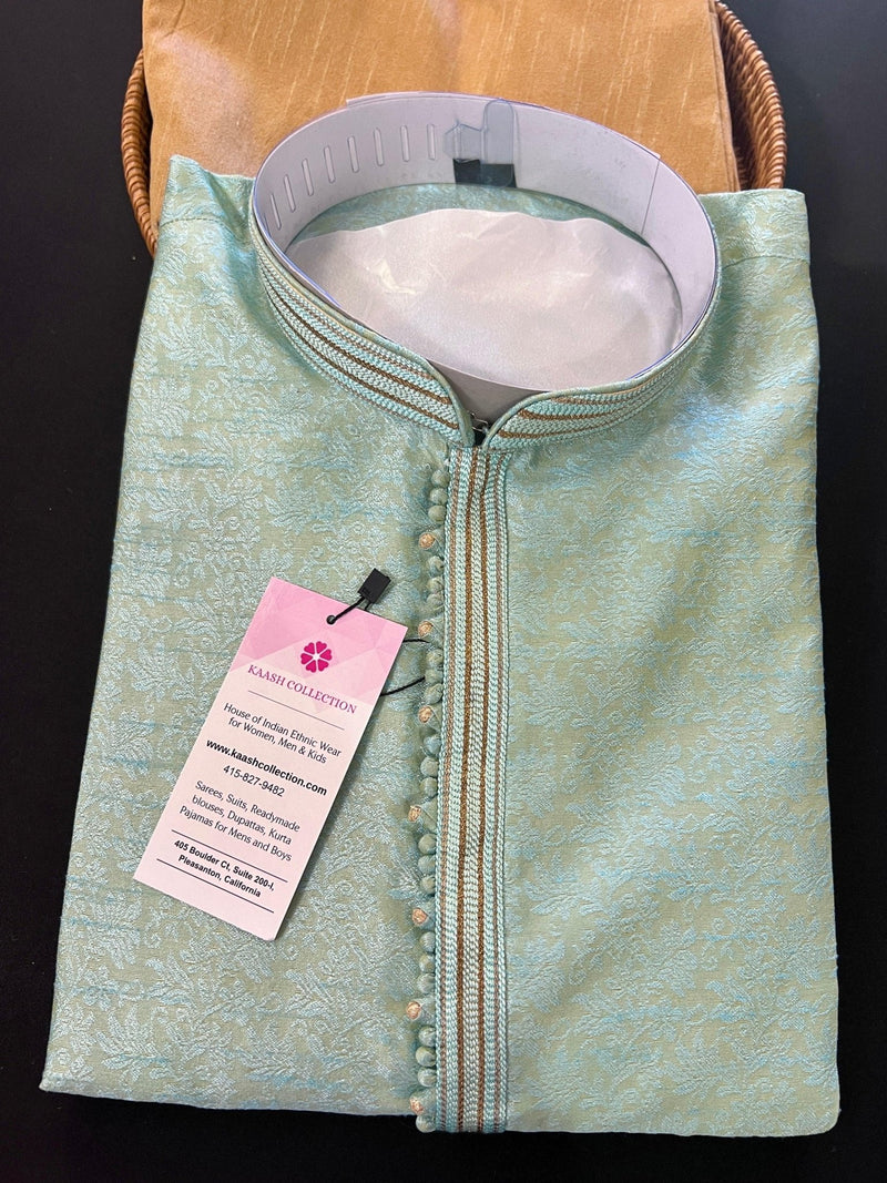 Light Sea Green men's kurta pajama in soft silk (non-pure) with floral self-embroidery on front, back & sleeves — Kaash Collection