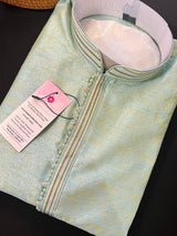 Light Sea Green men's kurta pajama in soft silk (non-pure) with floral self-embroidery on front, back & sleeves — Kaash Collection