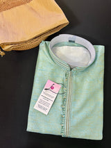 Light Sea Green men's kurta pajama in soft silk (non-pure) with floral self-embroidery on front, back & sleeves — Kaash Collection