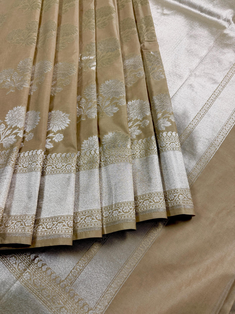 Light Tan Color Saree with Muted Gold Zari Waave - Traditional Banarasi Soft Silk Handloom Saree - Kaash