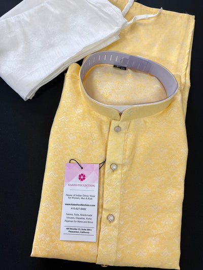 Light Yellow men's kurta pajama in soft silk (non-pure) with premium soft silk with subtle texture — Kaash Collection
