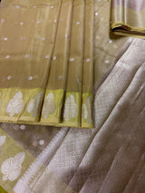 Lime Green Soft Tissue Kora saree in soft tissue kora silk with copper & silver leaf buttas with banarasi borders — Kaash Collection