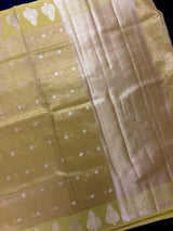 Lime Green Soft Tissue Kora saree in soft tissue kora silk with copper & silver leaf buttas with banarasi borders — Kaash Collection