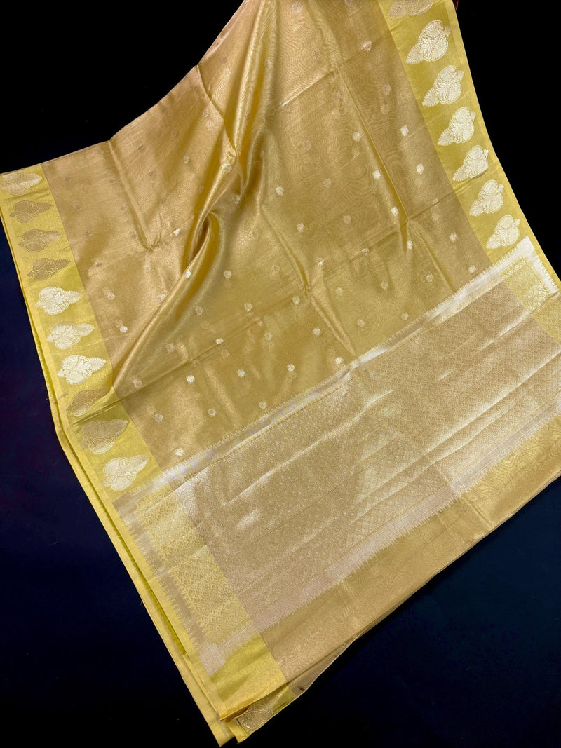 Lime Green Soft Tissue Kora saree in soft tissue kora silk with copper & silver leaf buttas with banarasi borders — Kaash Collection