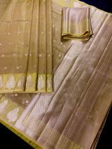 Lime Green Soft Tissue Kora saree in soft tissue kora silk with copper & silver leaf buttas with banarasi borders — Kaash Collection