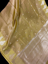 Lime Green Soft Tissue Kora saree in soft tissue kora silk with copper & silver leaf buttas with banarasi borders — Kaash Collection