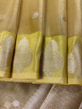 Lime Green Soft Tissue Kora saree in soft tissue kora silk with copper & silver leaf buttas with banarasi borders — Kaash Collection