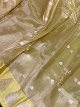 Lime Green Soft Tissue Kora saree in soft tissue kora silk with copper & silver leaf buttas with banarasi borders — Kaash Collection