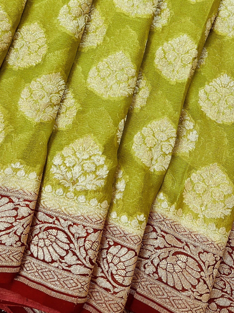 Lime Green with Maroon Red pure banarasi georgette silk saree with gold zari with floral pattern & buttas — Kaash Collection