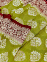 Lime Green with Maroon Red pure banarasi georgette silk saree with gold zari with floral pattern & buttas — Kaash Collection
