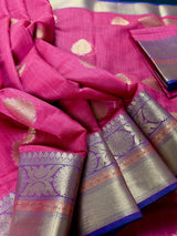 Magenta Rose Pink Cotton Silk Banarasi saree in soft cotton silk with zari buttas with 7.5" banarasi border — Kaash Collection