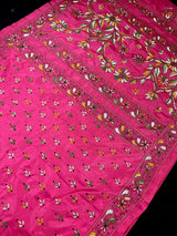 Magenta Deep Pink hand Kantha stitch saree on Bangalori silk — Kaash Collection