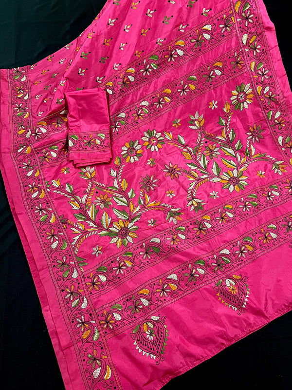 Magenta Deep Pink Color Bangalori Silk Saree with Handwoven Kantha Stitch - Kantha Saress - Embroidered Sarees - Kaash