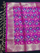 Magenta Pink Semi Banarasi dupatta in semi banarasi soft silk with floral with meenakari & muted gold zari — Kaash Collection