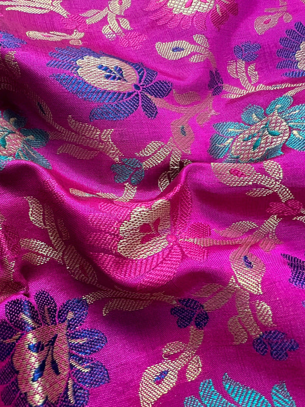 Magenta Pink Banarasi Silk Dupatta with Muted Gold Zari Weaving in Floral Pattern and Meenakari Work Dupatta | Gift For Her | Dupattas USA - Kaash