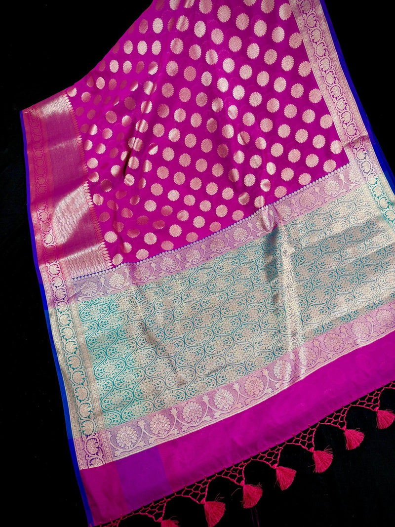 Magenta Pink with Green & Blue Pallu saree in banarasi soft silk with wide border with grand green & blue pallu — Kaash Collection