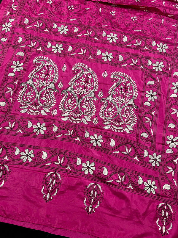 Magenta Pink color Bangalori Silk Saree with Handwoven Kantha Stitch - Kantha Saress - Embroidered Sarees - Kaash