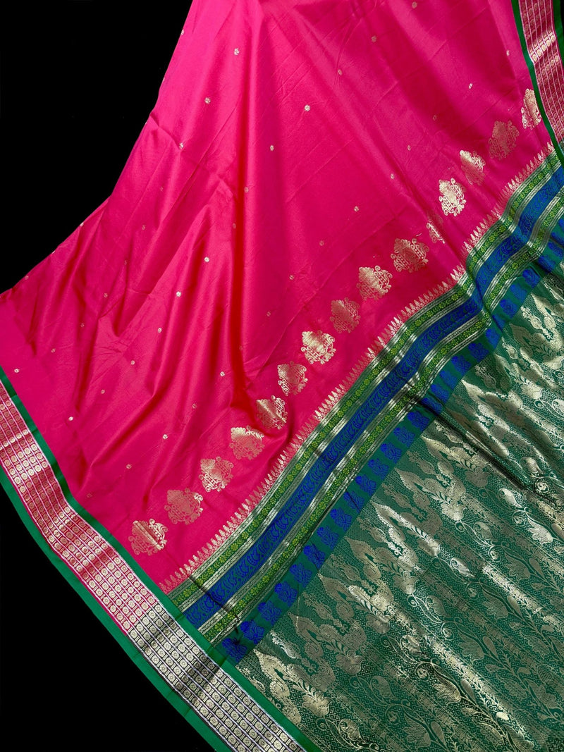 Magenta Pink Color Gadwal Soft Silk Saree with Green combination - Kaash