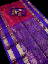 Magenta Pink with Purple-Blue Border pure kanjivaram silk saree with gold zari with peacock & elephant motifs — Kaash Collection